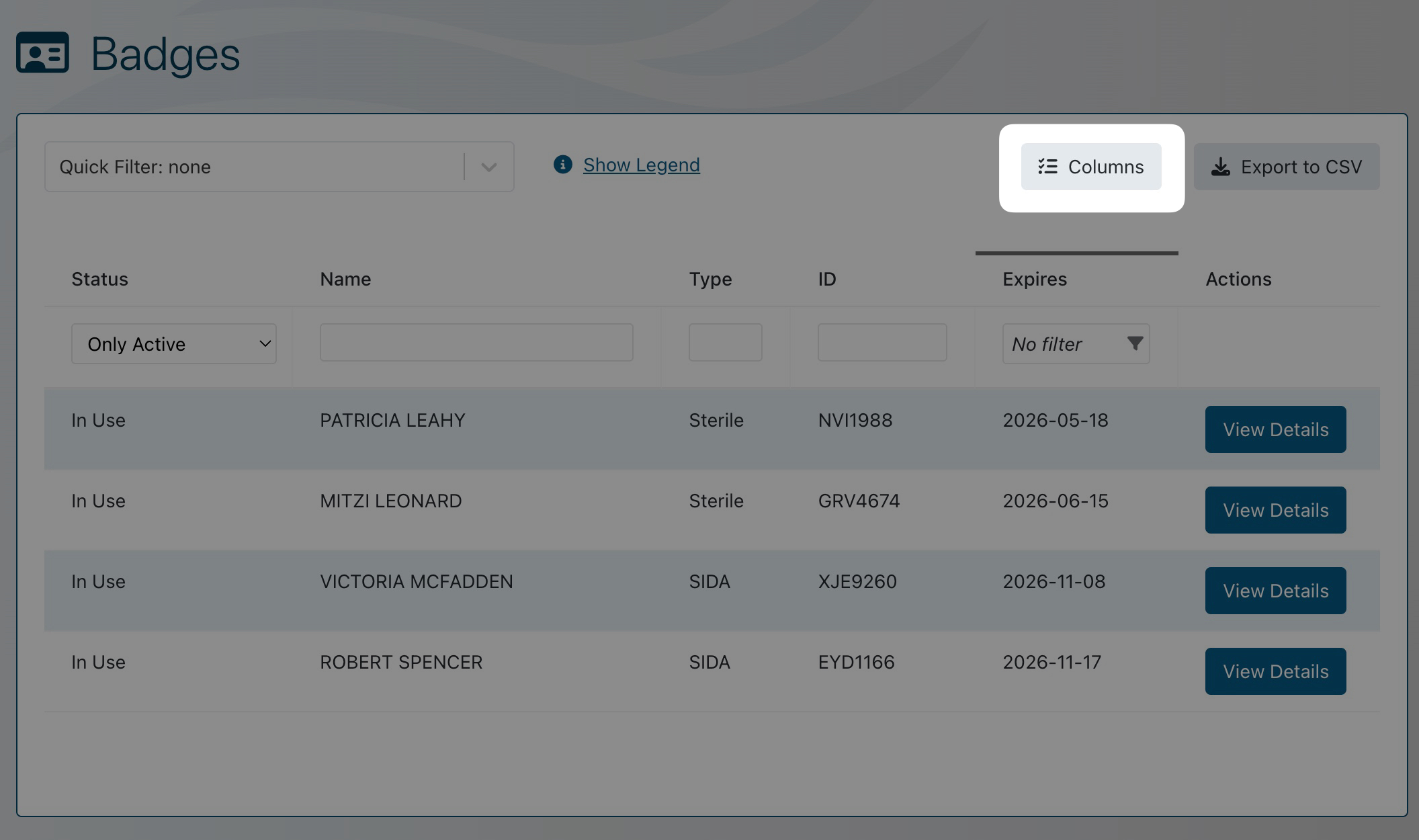 Columns on badges screen