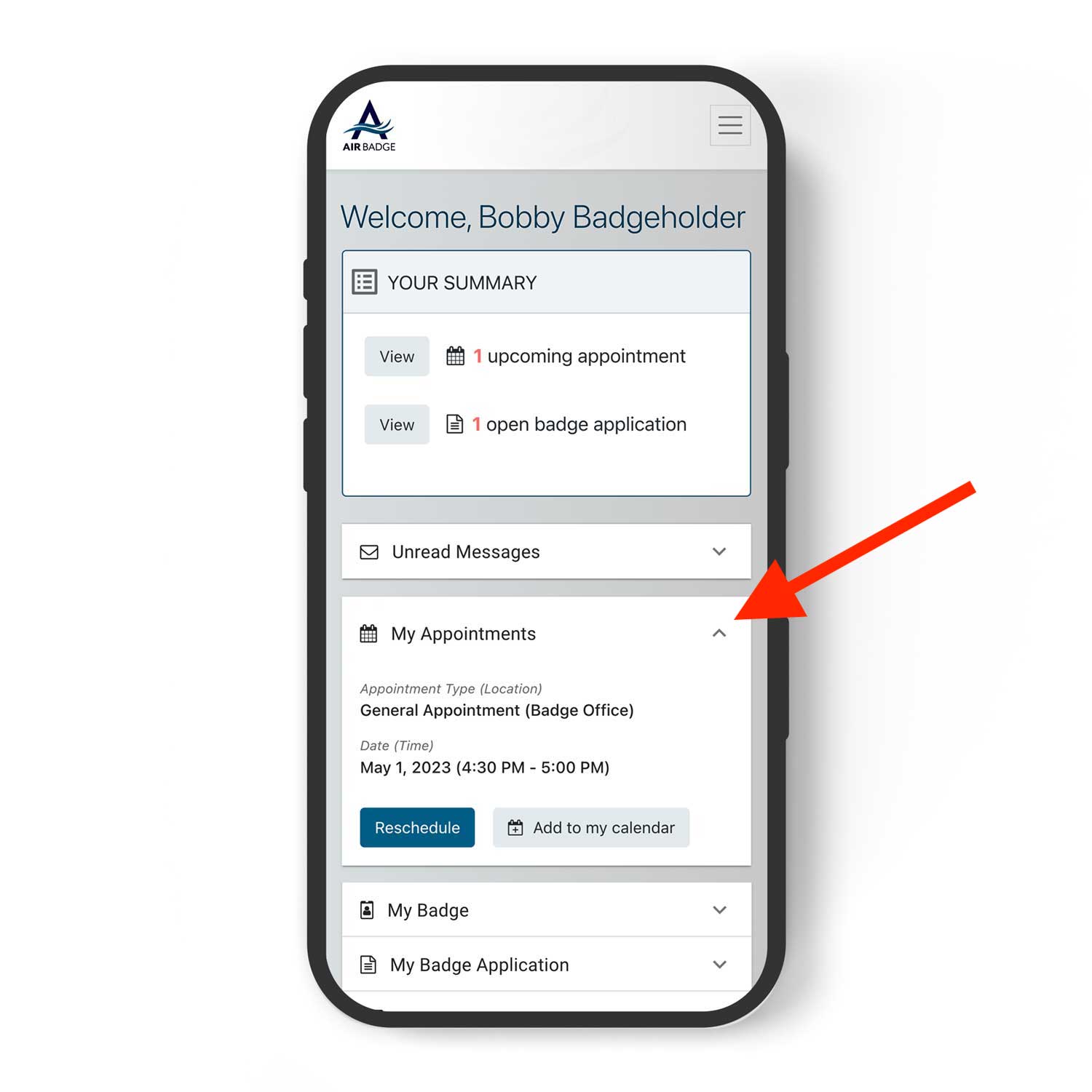 finding appointments in AirBadge