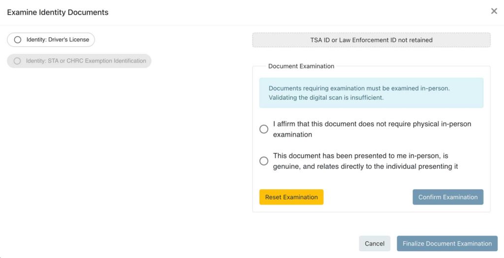 Examine identity documents step